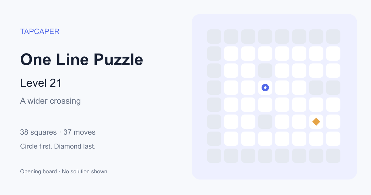 One Line Puzzle level 21 opening diagram: 38 active squares, circle at row 4, column 4, diamond at row 6, column 7