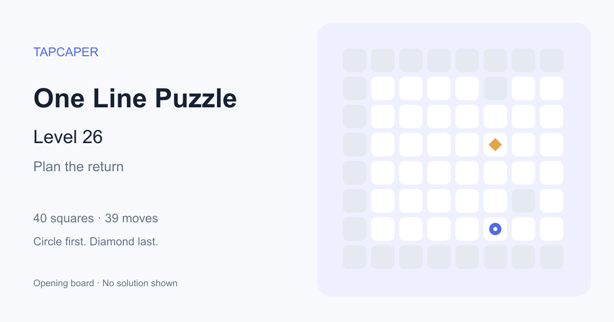One Line Puzzle level 26 opening diagram: 40 active squares, circle at row 7, column 6, diamond at row 4, column 6