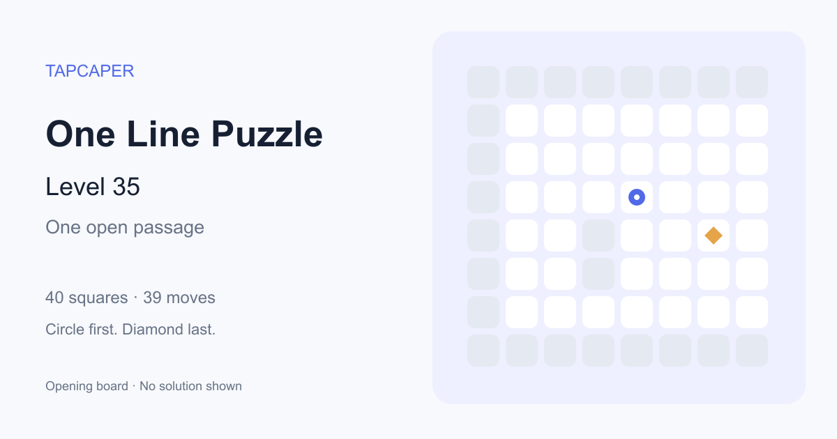 One Line Puzzle level 35 opening diagram: 40 active squares, circle at row 4, column 5, diamond at row 5, column 7
