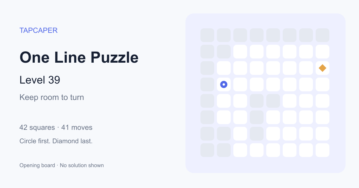One Line Puzzle level 39 opening diagram: 42 active squares, circle at row 4, column 2, diamond at row 3, column 8