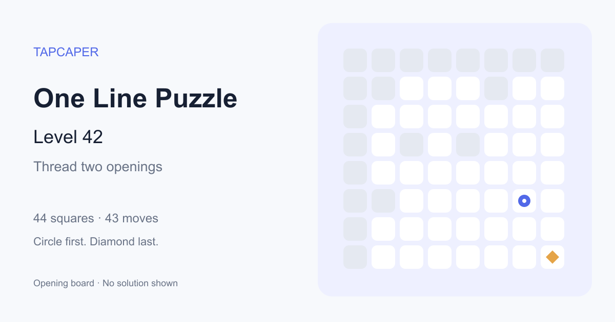 One Line Puzzle level 42 opening diagram: 44 active squares, circle at row 6, column 7, diamond at row 8, column 8