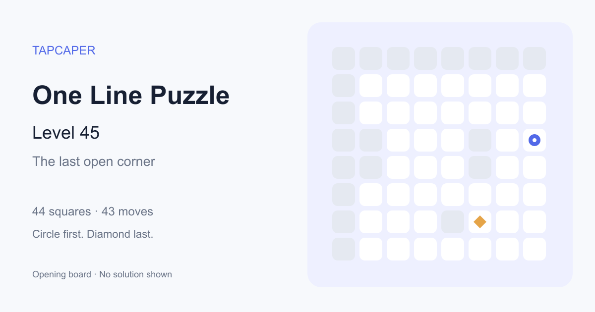 One Line Puzzle level 45 opening diagram: 44 active squares, circle at row 4, column 8, diamond at row 7, column 6