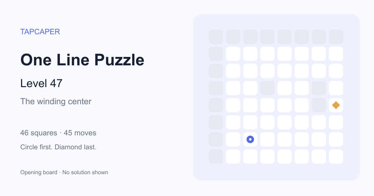 One Line Puzzle level 47 opening diagram: 46 active squares, circle at row 7, column 3, diamond at row 5, column 8