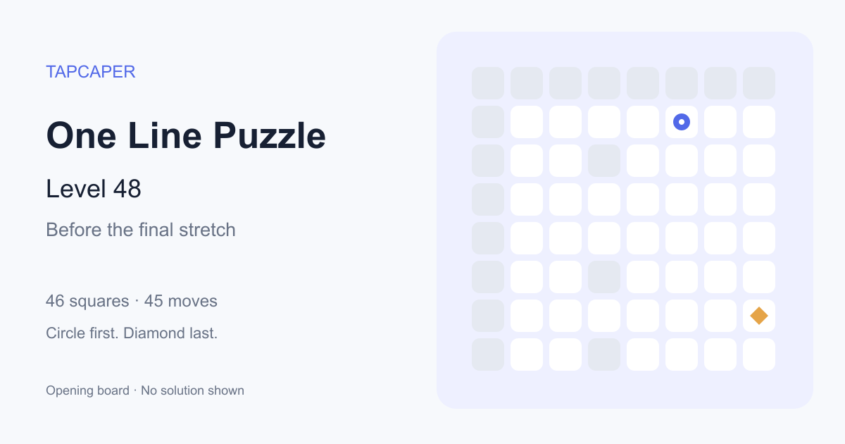 One Line Puzzle level 48 opening diagram: 46 active squares, circle at row 2, column 6, diamond at row 7, column 8