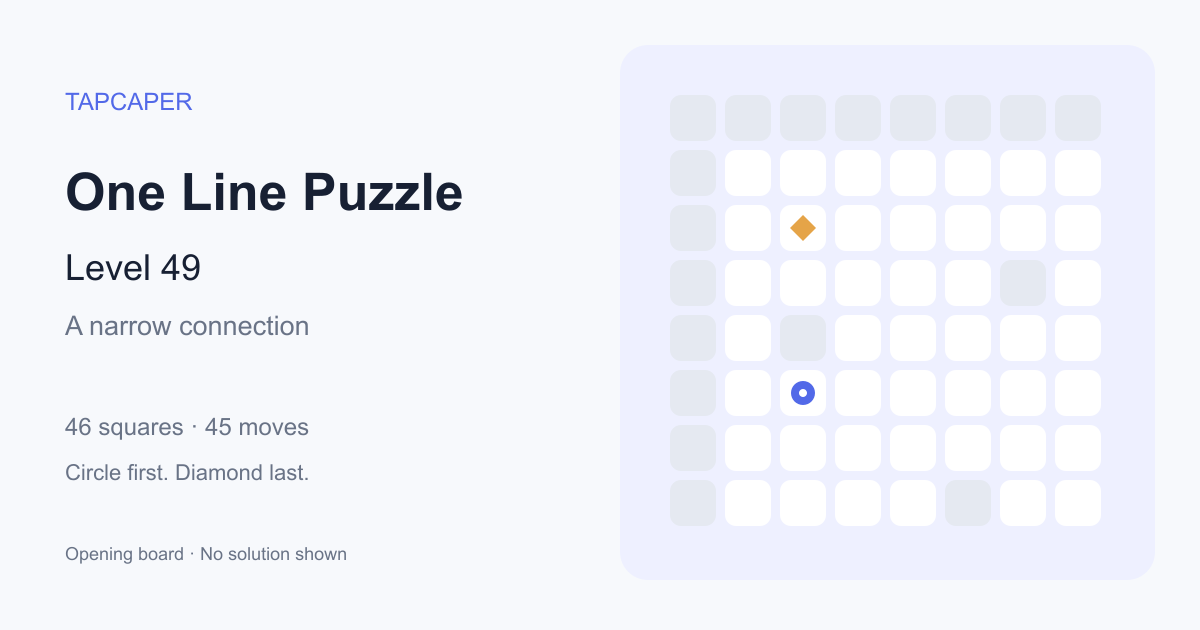 One Line Puzzle level 49 opening diagram: 46 active squares, circle at row 6, column 3, diamond at row 3, column 3