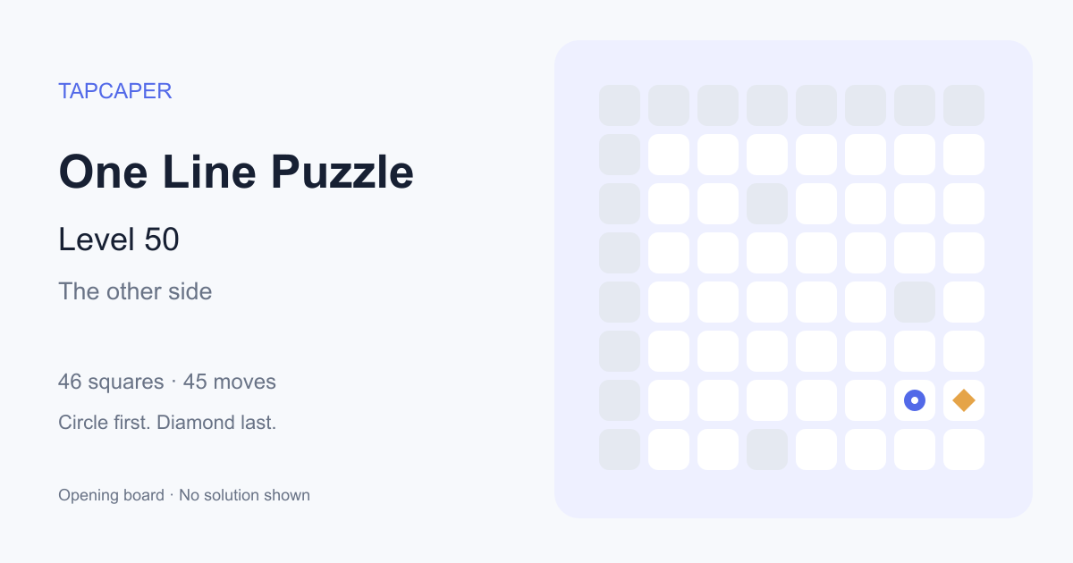 One Line Puzzle level 50 opening diagram: 46 active squares, circle at row 7, column 7, diamond at row 7, column 8