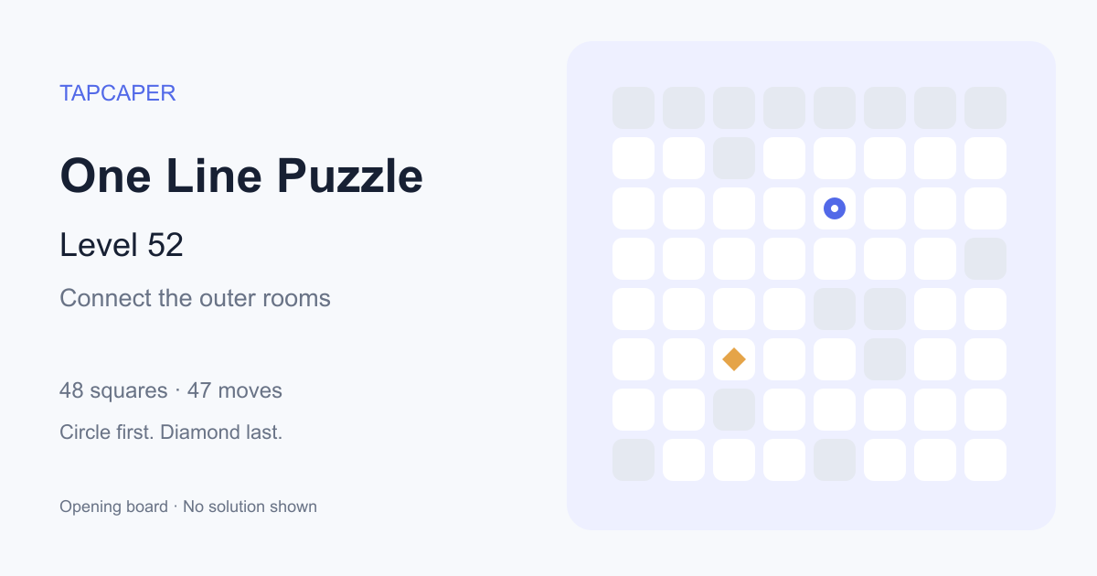 One Line Puzzle level 52 opening diagram: 48 active squares, circle at row 3, column 5, diamond at row 6, column 3