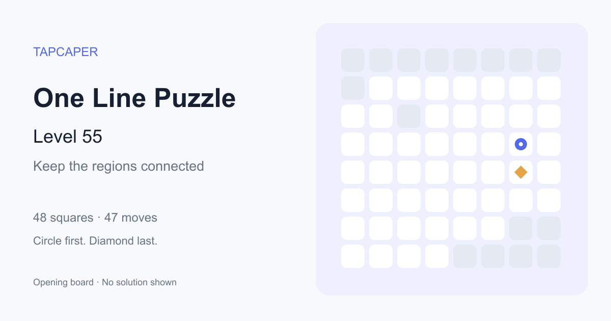 One Line Puzzle level 55 opening diagram: 48 active squares, circle at row 4, column 7, diamond at row 5, column 7