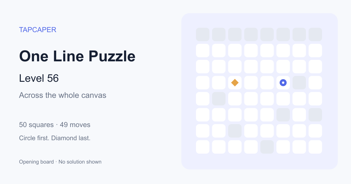 One Line Puzzle level 56 opening diagram: 50 active squares, circle at row 4, column 6, diamond at row 4, column 3