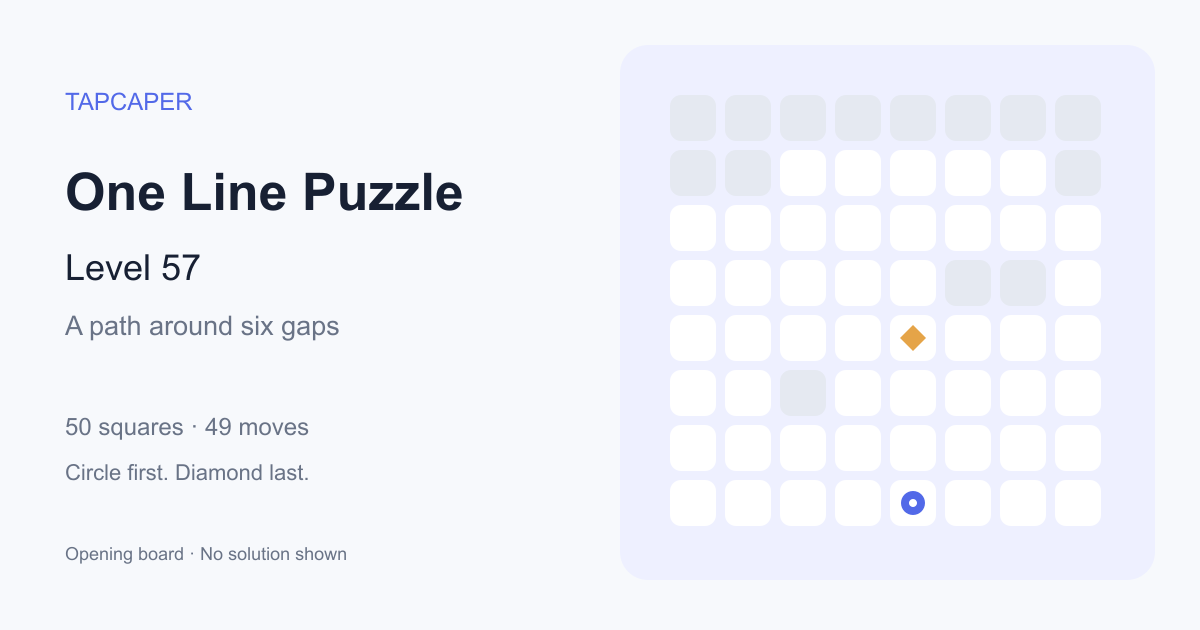 One Line Puzzle level 57 opening diagram: 50 active squares, circle at row 8, column 5, diamond at row 5, column 5