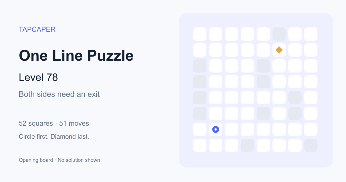 One Line Puzzle level 78 opening diagram: 52 active squares, circle at row 7, column 2, diamond at row 2, column 6
