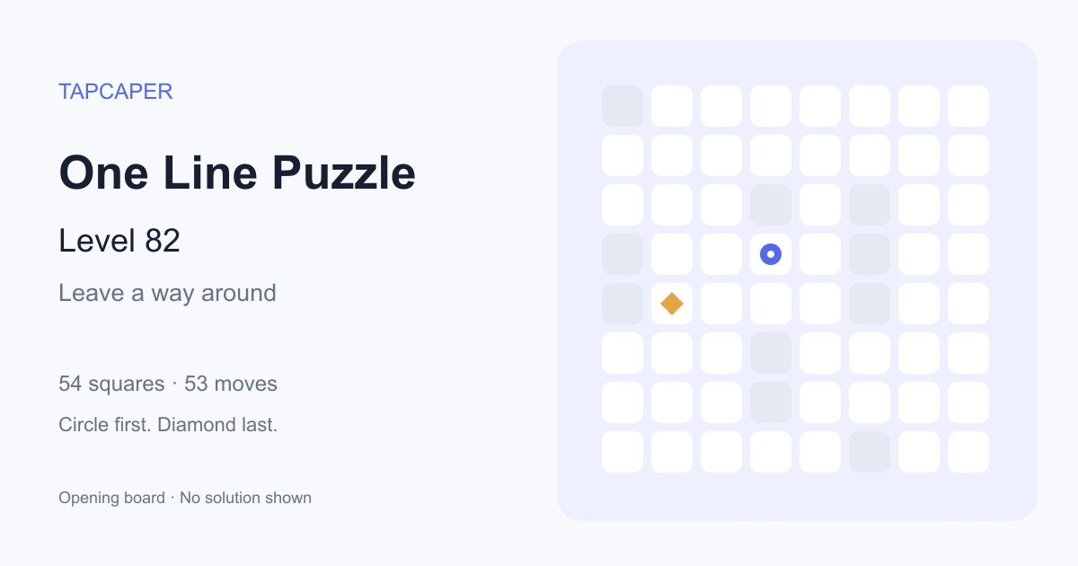 One Line Puzzle level 82 opening diagram: 54 active squares, circle at row 4, column 4, diamond at row 5, column 2