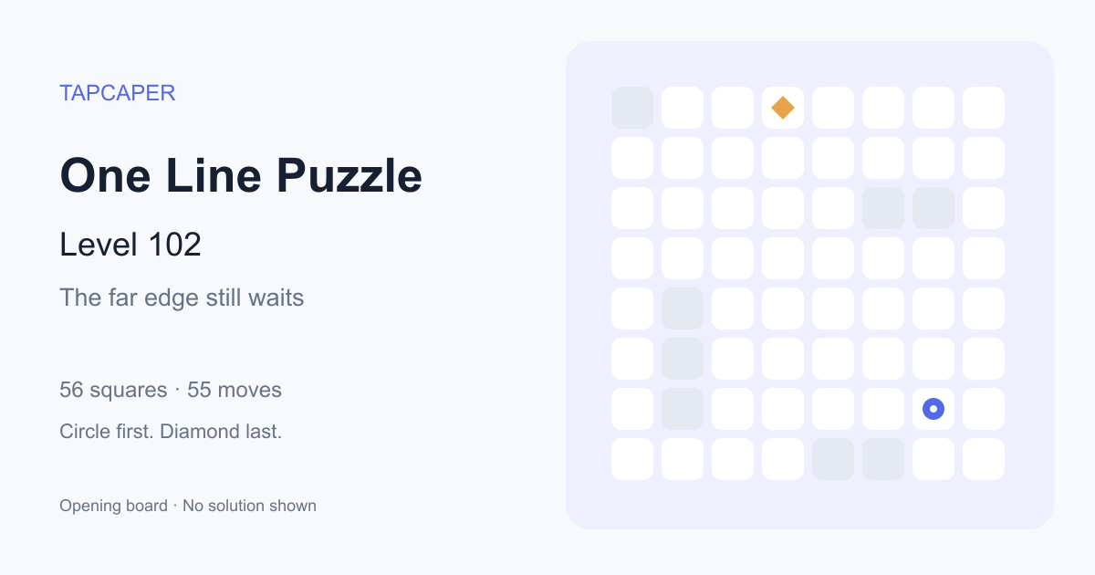 One Line Puzzle level 102 opening diagram: 56 active squares, circle at row 7, column 7, diamond at row 1, column 4