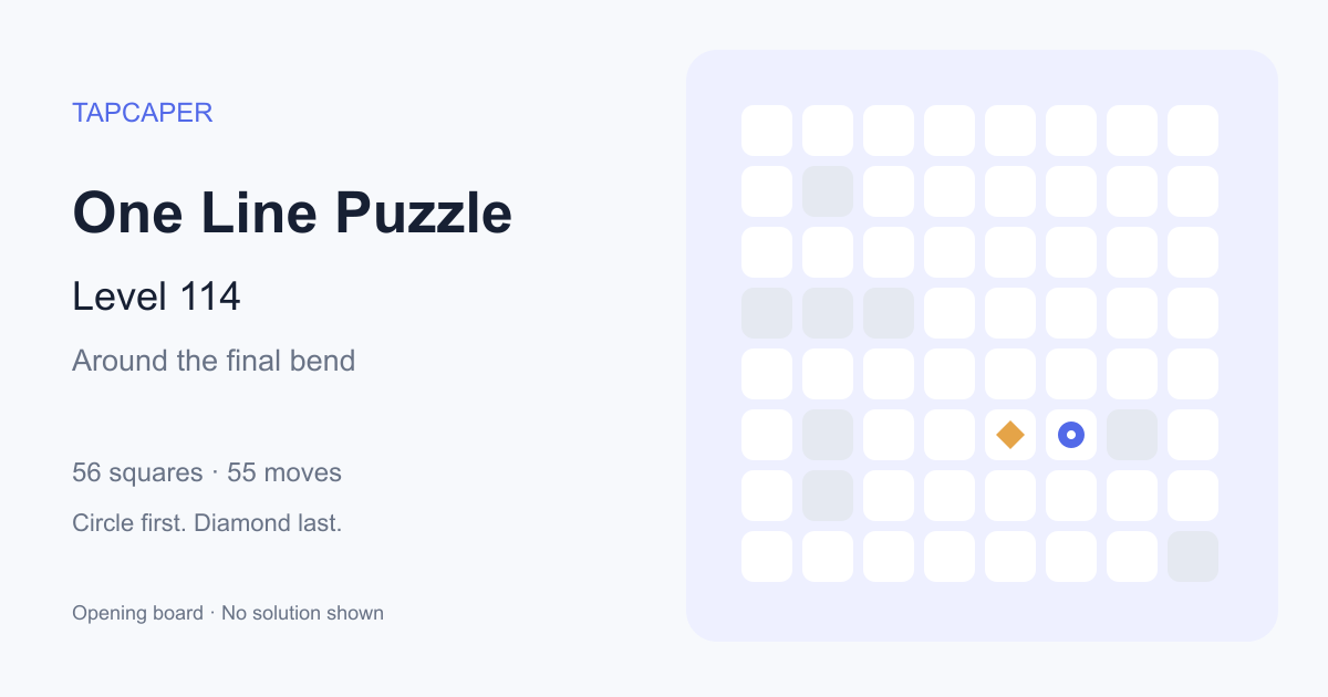 One Line Puzzle level 114 opening diagram: 56 active squares, circle at row 6, column 6, diamond at row 6, column 5