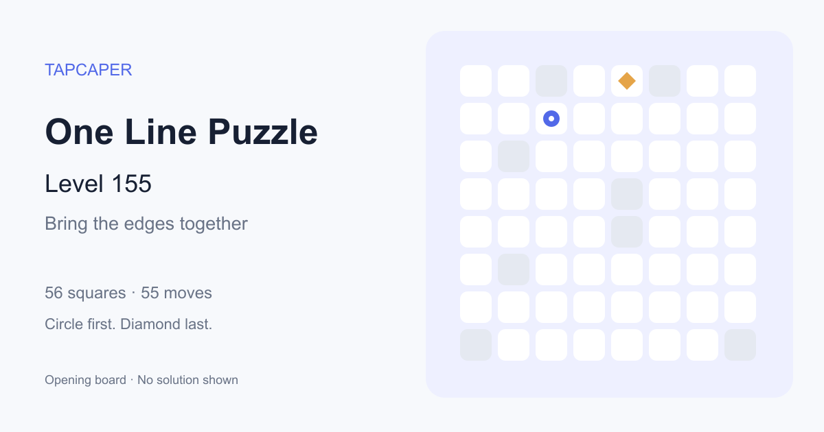 One Line Puzzle level 155 opening diagram: 56 active squares, circle at row 2, column 3, diamond at row 1, column 5