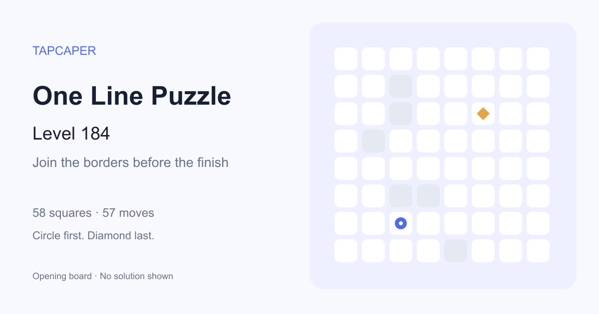 One Line Puzzle level 184 opening diagram: 58 active squares, circle at row 7, column 3, diamond at row 3, column 6