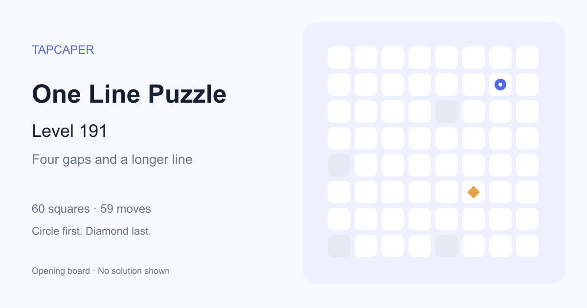 One Line Puzzle level 191 opening diagram: 60 active squares, circle at row 2, column 7, diamond at row 6, column 6