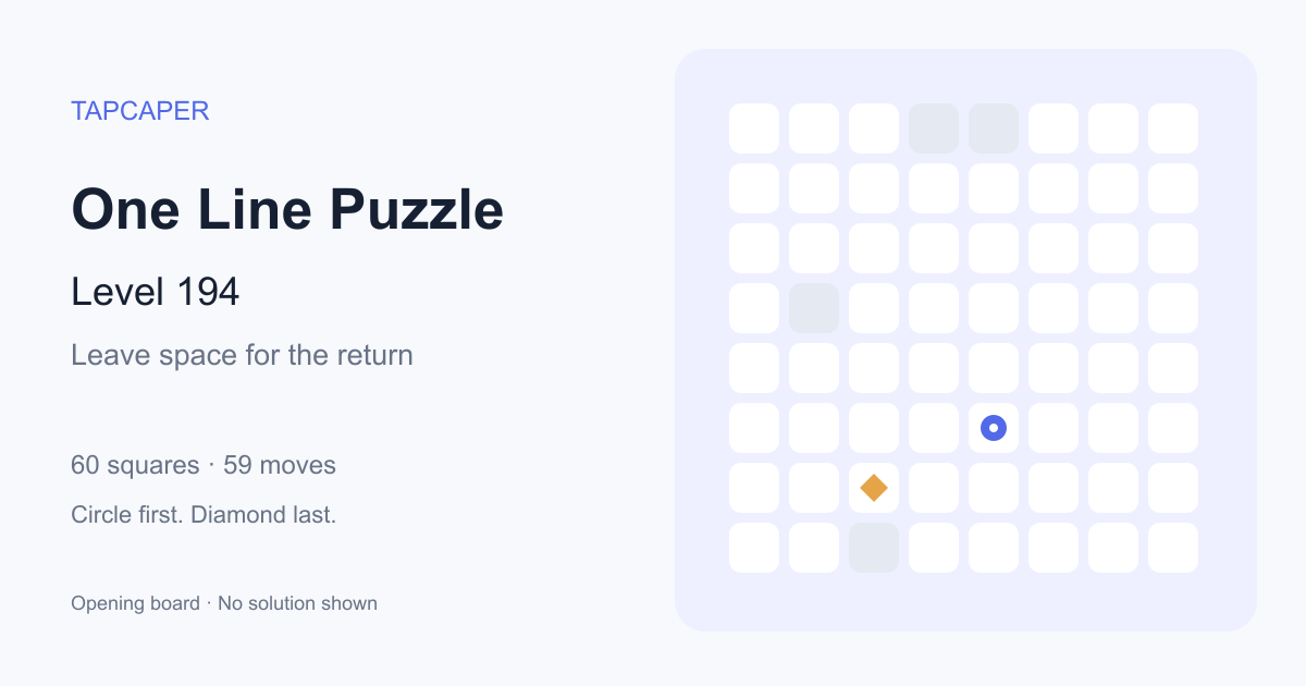 One Line Puzzle level 194 opening diagram: 60 active squares, circle at row 6, column 5, diamond at row 7, column 3